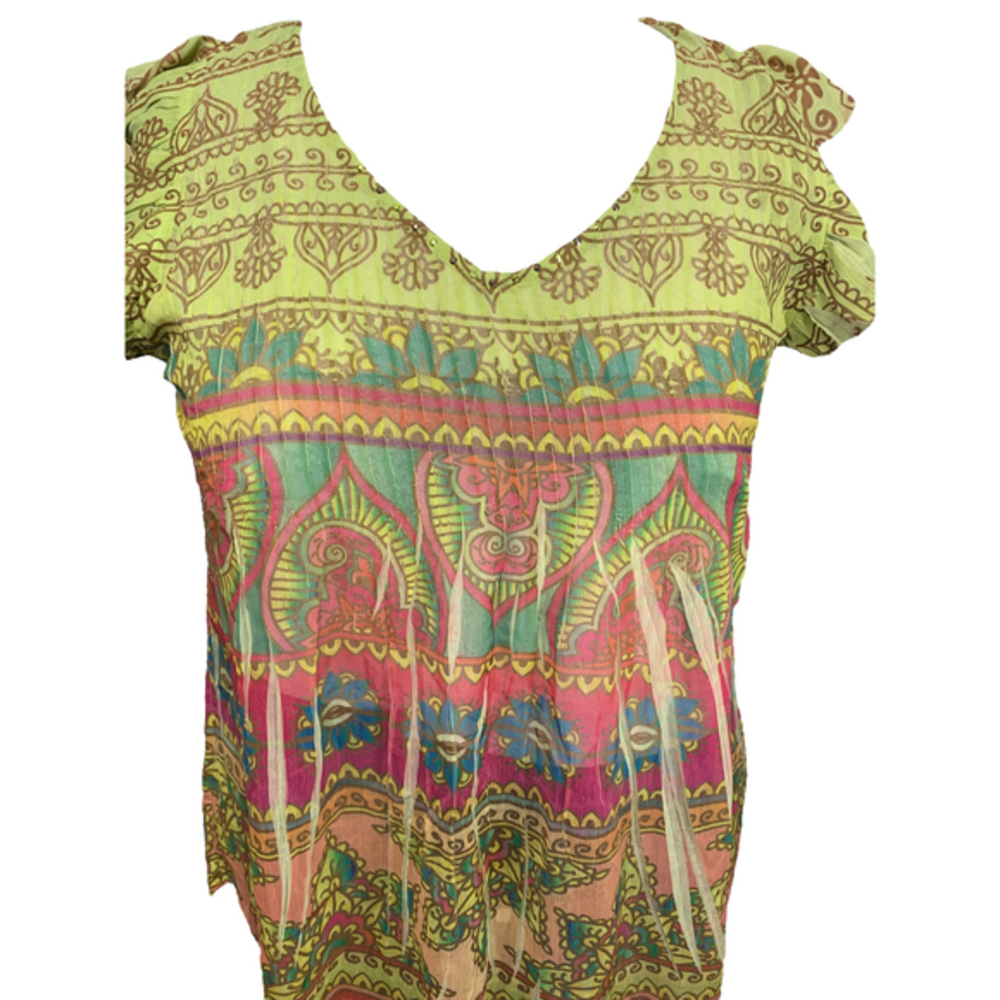 Women's One World semi-sheer blouse, sz L, green, pink,‎ sequin, flutter sleeve
